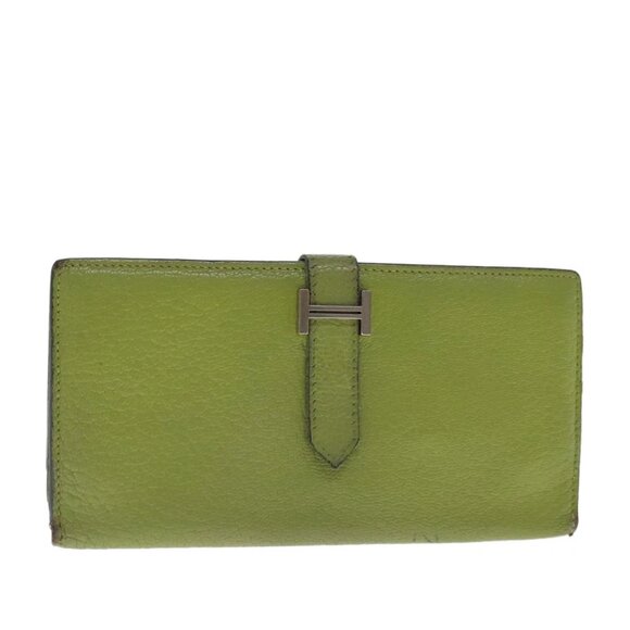 HERMES bean Souffl Wallet Leather Green Silver Auth bs18706 - Picture 1 of 14